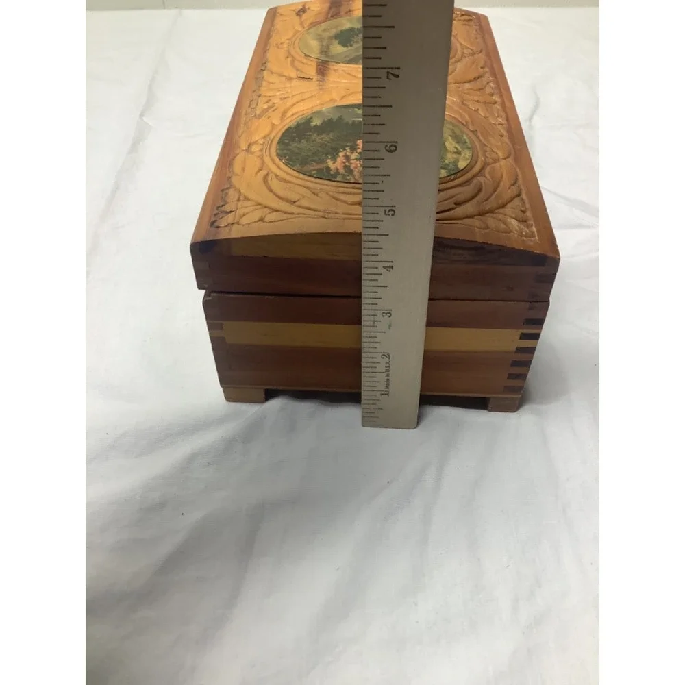 Vintage Carved Cedar Chest Wood Jewelry Box 11 x 6 